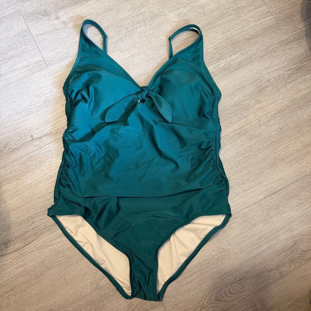 Kona Sol Women's XL Green Tie-Front Ruched One Piece Swimsuit Full Coverage - Picture 1 of 12